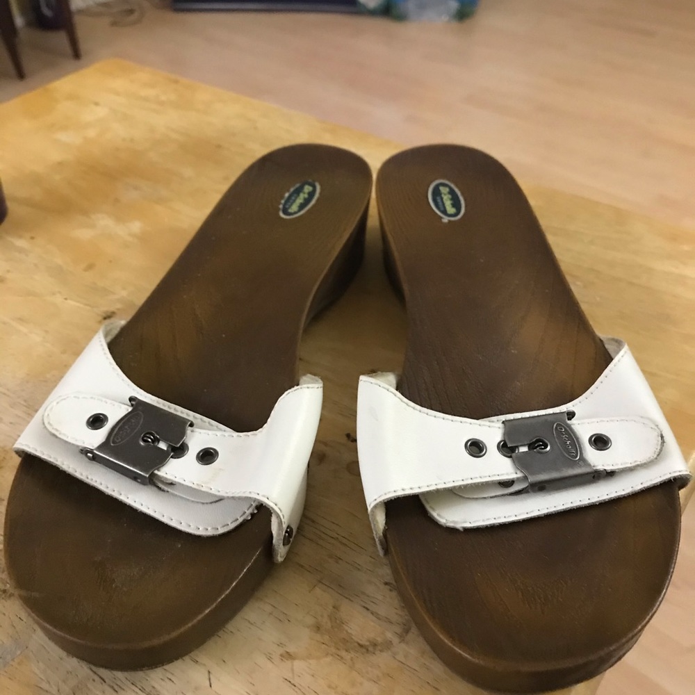 Dr Scholl’s white buckle slides